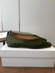 THE ROW 26S SQUARE TOE BALLET FLATS IN OLIVE GREEN SATIN