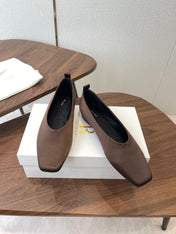 THE ROW 26S SQUARE TOE BALLET FLATS IN DARK BROWN SATIN