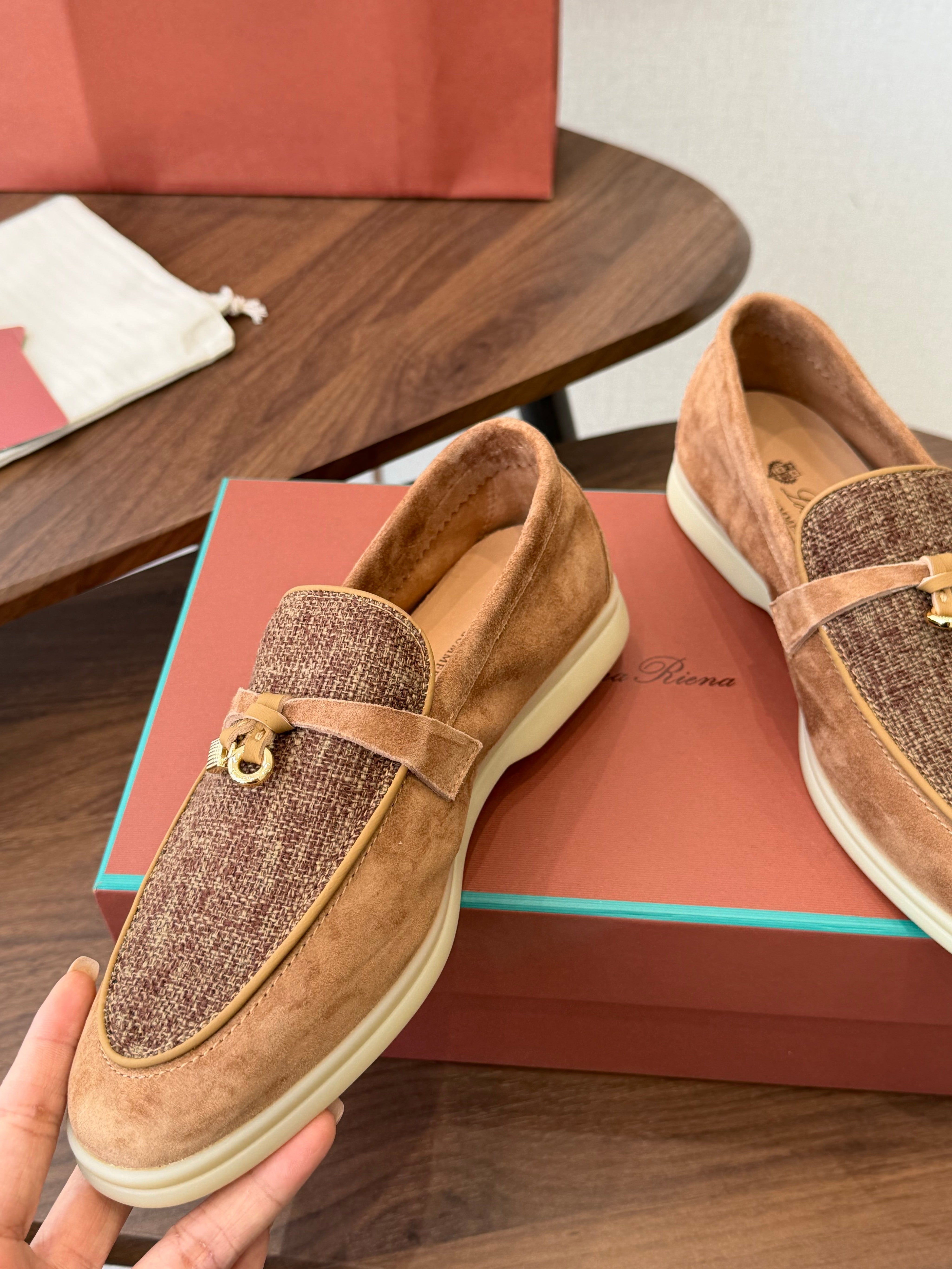 LP 26S LOAFERS IN CARAMEL BROWN SUEDE & FABRIC GOLD HARDWARE