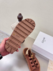 CELINE 25S BILLIE CHUNKY SANDAL IN BROWN CALFSKIN AND TEXTILE