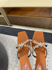 HIGH RHINESTONE CROSS STRAP MULES IN BRONZE BROWN SILK