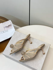 JIMMY CHOO 26S SACORA MULE 80 MM IN BEIGE CRYSTAL EMBELLISHMENT