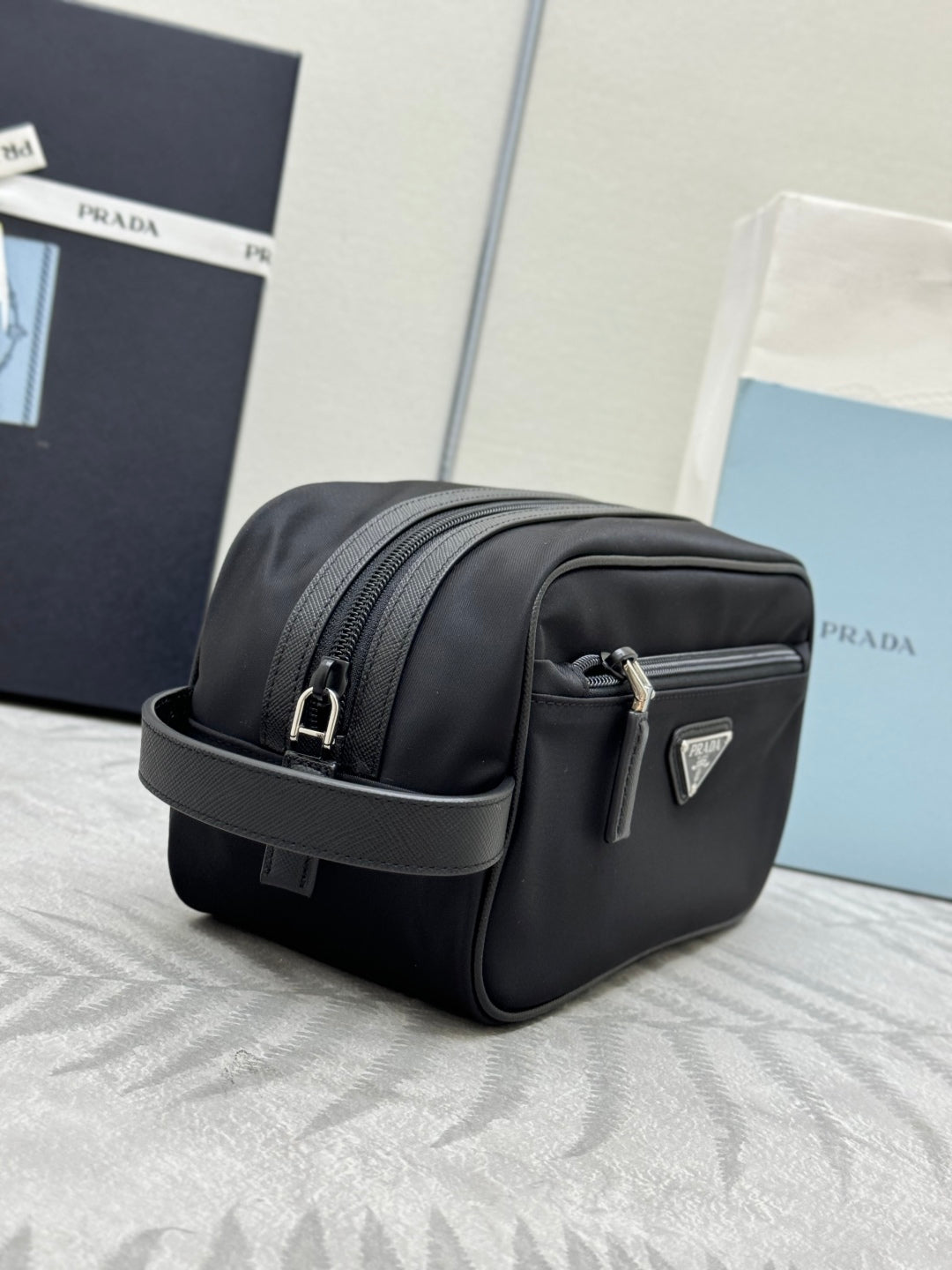 PRADA 25S CLUTCH BAG 22 IN BLACK NYLON SILVER HARDWARE