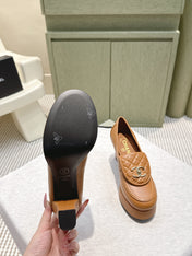 CHANEL 25S HIGH-HEELED MOCCASINS 80MM IN CARAMEL CALFSKIN GOLD HARDWARE