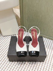 CHANEL 25S HIGH-HEELED SQUARE-TOE SLINGBACK 90MM IN WHITE AND BLACK CALFSKIN
