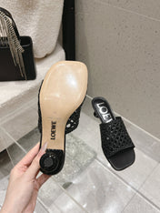 LOEWE 26S WOVEN HEEL SANDALS 50 MM IN BLACK LAMBSKIN