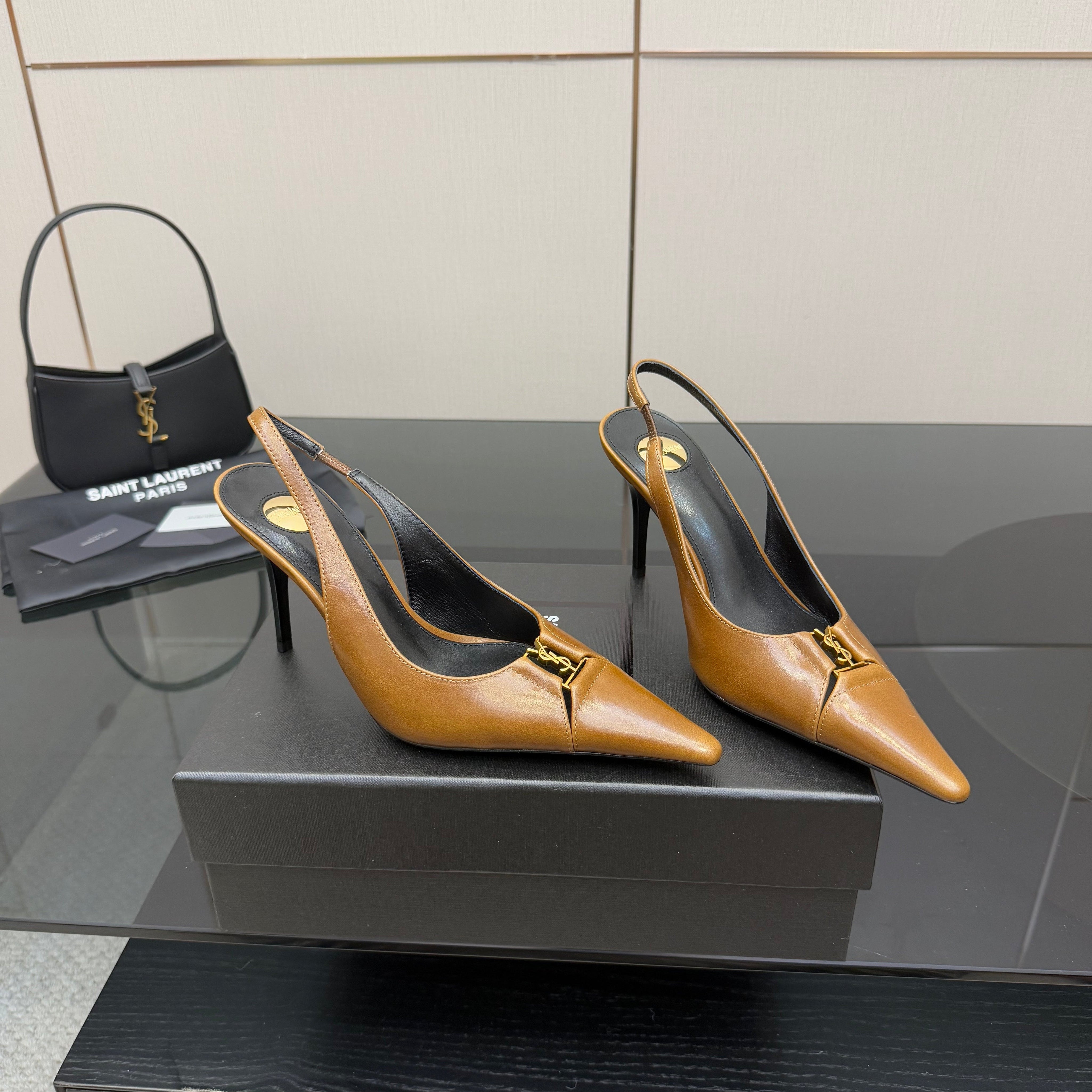 YSL 25S SLINGBACK HIGH HEELS 90 MM IN COPPER BROWN LAMBSKIN WITH GOLD HARDWARE STYLE 11