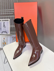 HM 25S POINTED-TOE KNEE-HIGH BOOTS IN BROWN GLOSSY LAMBSKIN