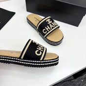 CC SLIDE SANDALS 25S IN BEIGE CALFSKIN MIX BLACK FABRIC