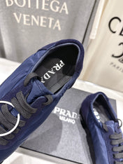 PRADA 25S COLLAPSE RE NYLON AND SUEDE SNEAKERS IN DARK BLUE WITH METAL TOECAP