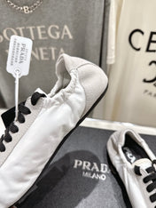 PRADA 25S COLLAPSE RE NYLON AND SUEDE SNEAKERS IN WHITE WITH METAL TOECAP