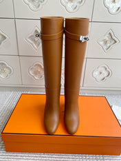 HM 25S TALL BOOTS 90 MM IN BROWN LAMBSKIN WITH SILVER HARDWARE