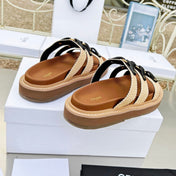 TIPPI SLIDE IN CANVAS & CALFSKIN NATURAL BROWN CREAM/ BLACK