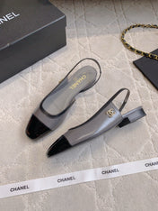 CHANEL 25S SLINGBACK IN BLACK AND TAUPE GRAY CALFSKIN GOLD HARDWARE