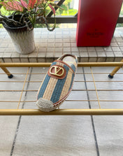 VALENTINO 26S ESPADRILLE MULES IN BLUE AND BEIGE RAFFIA