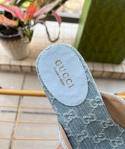 GUCCI 26S WEDGE SANDALS 100 MM IN LIGHT BLUE DENIM