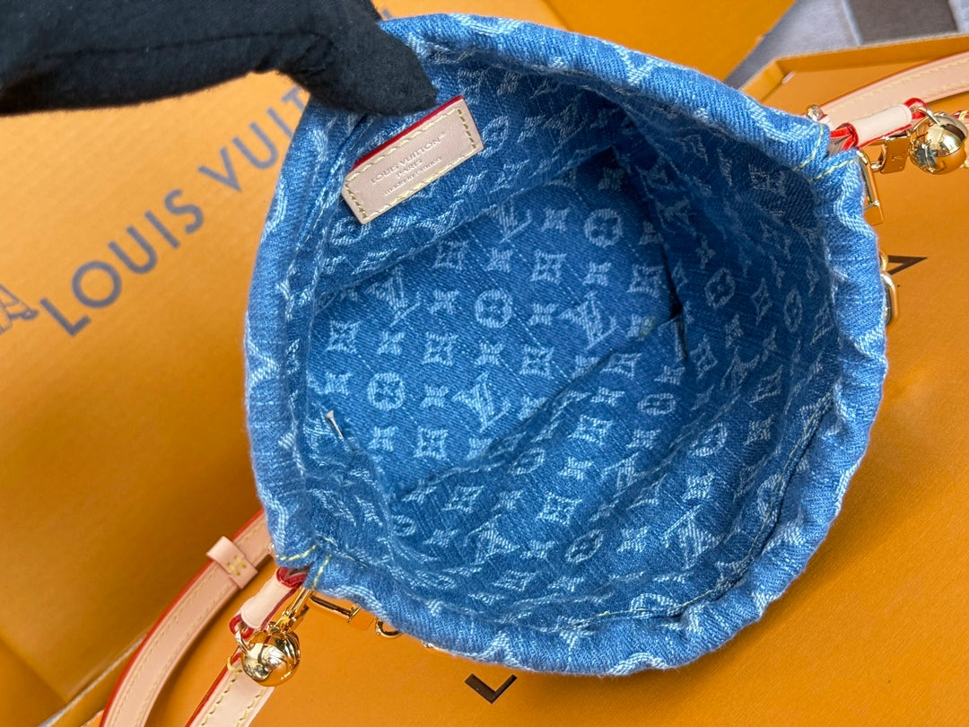LV 25S NANO NOÉ 20 IN BLUE DENIM MONOGRAM LEATHER TRIM GOLD HARDWARE