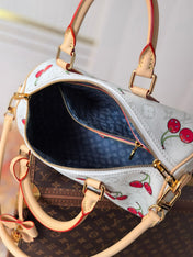 LV 25S SPEEDY SOFT 30 IN WHITE CANVAS MONOGRAM CHERRY PRINT GOLD HARDWARE