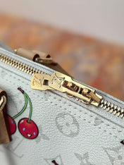 LV 25S SPEEDY SOFT 30 IN WHITE CANVAS MONOGRAM CHERRY PRINT GOLD HARDWARE