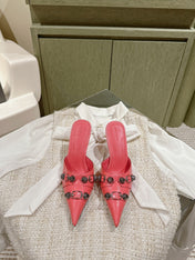 CAGOLE POINTED HIGH MULES IN ROMAN PINK SHINY CALFSKIN