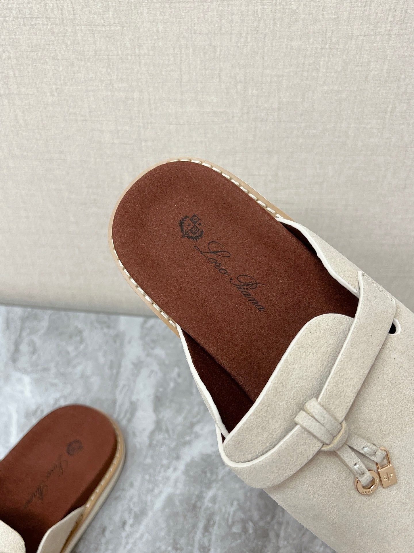 LP 26S LOCK MULE SLIDES IN BEIGE SUEDE SILVER HARDWARE