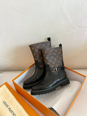 TERRITORY FLAT ANKLE BOOT IN BLACK MIX CHOCOLATE BROWN MONOGRAM CALFSKIN