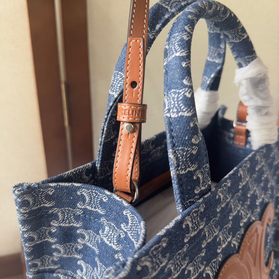 SMALL CABAS THAIS 25 IN BAYOUX BLUE TRIOMPHE DENIM AND BRONZE BROWN CALFSKIN