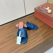 FLAT SLIPPERS IN NAVY BLUE LAMBSKIN OSTRICH SKIN