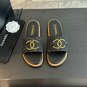Double C Wood Grain Platform Slippers Black Wool