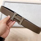 HM H D'ANCRE BELT BUCKLE & REVERSIBLE COFFEE BROWN LEATHER STRAP 38 MM SILVER HARDWARE