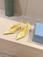 PRADA 26S POINTED-TOE SLINGBACK HEELS 75MM IN PASTEL YELLOW SHINY CALFSKIN