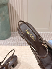 PRADA 26S SLINGBACK SANDALS 40MM IN DARK BROWN CALFSKIN WITH LOGO