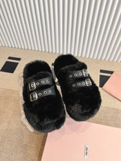 MULES IN BLACK RABBIT FUR SILVER HARDWARE