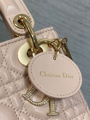 DIOR 25S MINI LADY DIOR BAG 17 IN PINK CALFSKIN CHARM CRYSTAL EMBELLISHMENTS