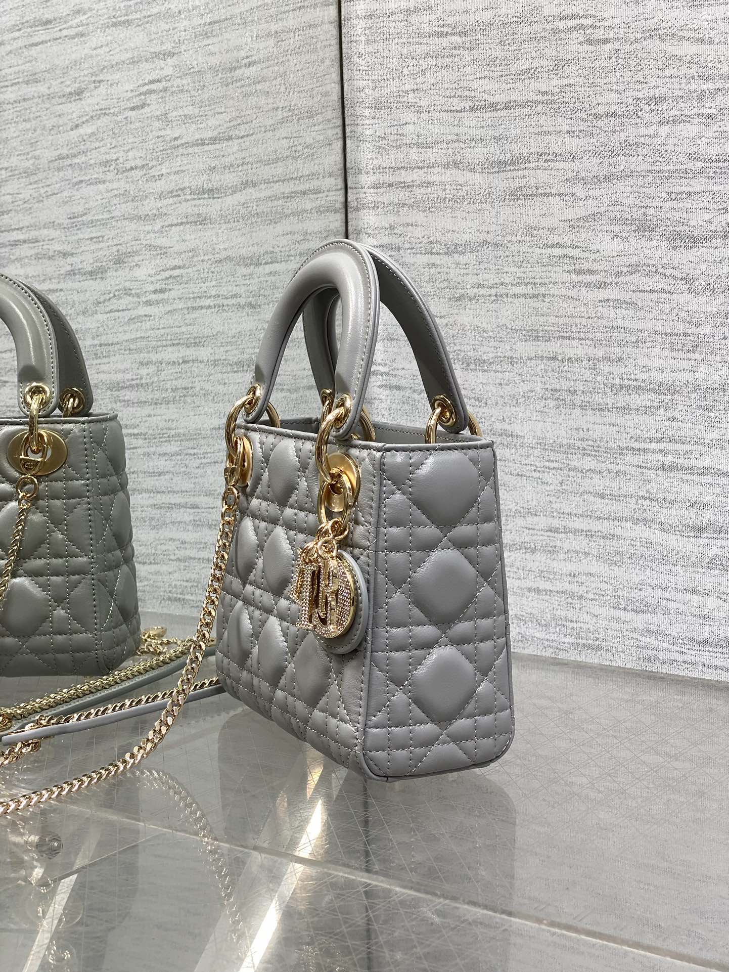 DIOR 25S MINI LADY DIOR BAG 17 IN DARK GRAY CALFSKIN CHARM CRYSTAL EMBELLISHMENTS