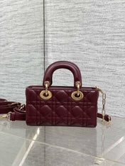 DIOR 25S SMALL LADY D‑JOY BAG 19 IN BURGUNDY CANNAGE CALFSKIN GOLD HARDWRE
