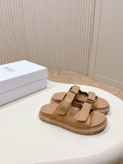 DIOR CLASSIC DOUBLE-STRAP SLIDES 25S IN LIGHT BROWN CALFSKIN