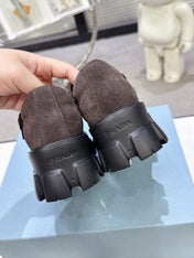 PRADA 25S PLATFORM MARY JANE SHOES IN DARK BROWN SUEDE