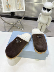 PRADA 25S FUR-LINED MULES IN DARK BROWN SUEDE