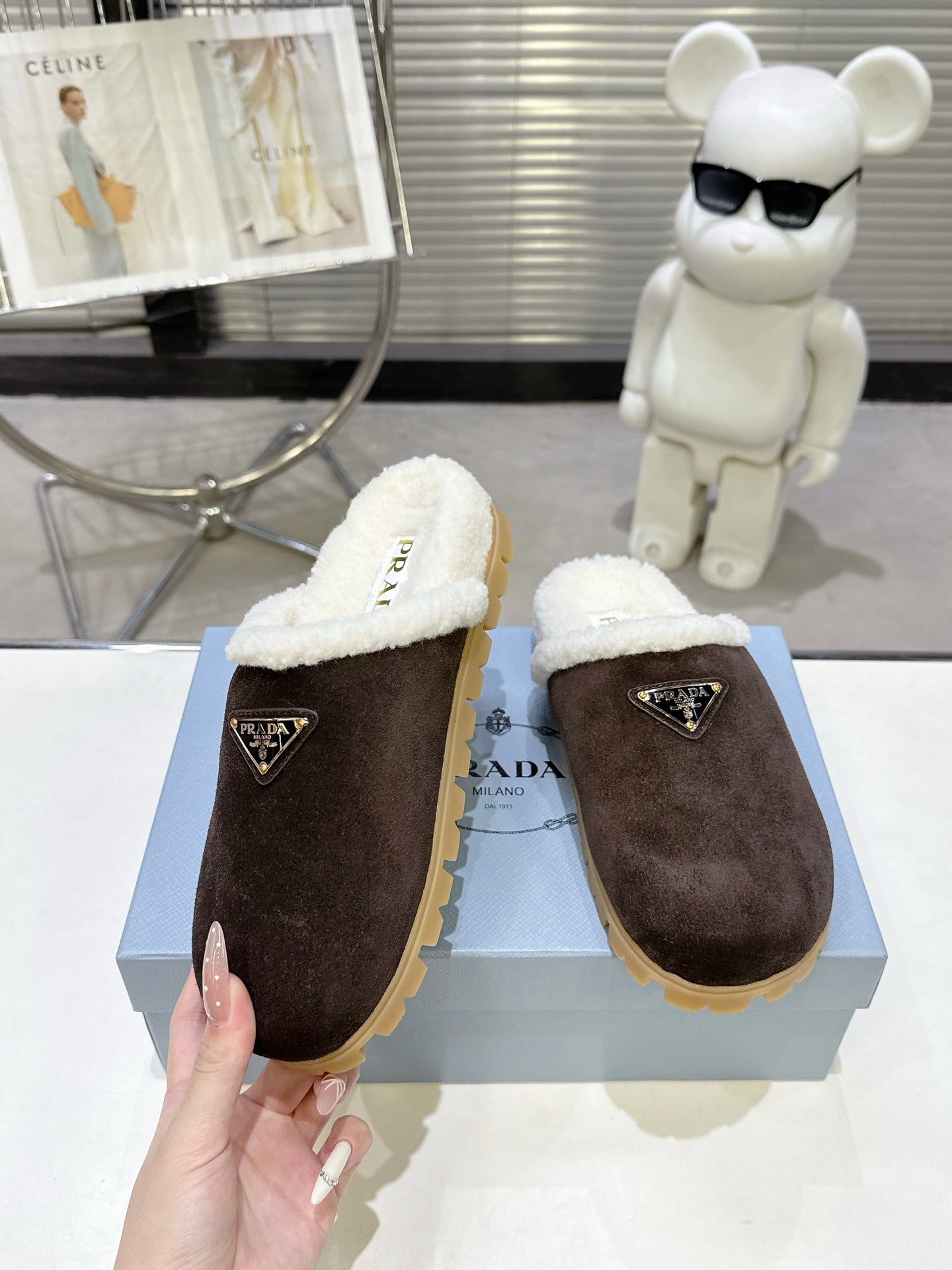 PRADA 25S FUR-LINED MULES IN DARK BROWN SUEDE