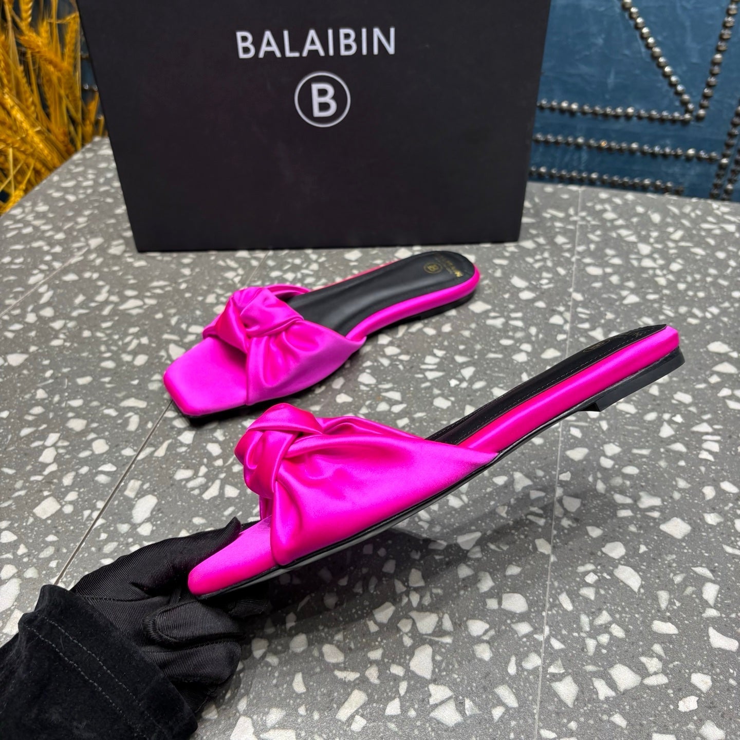 BALMAIN 26S SLIDES IN DARK PINK SATIN