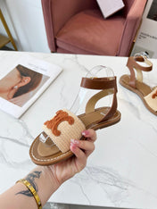 TRIOMPHE SANDALS BEIGE RAFFIA BROWN WOOL