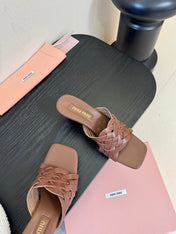 MIUMIU 26S IVETTE WOVEN HEELED SANDALS 40MM IN BROWN CALFSKIN