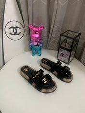 CHANEL 26S SLIDE SANDALS IN BLACK VELVET AND CALFSKIN WITH ROPE SOLE GOLD HARDWARE