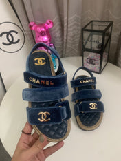 CHANEL 26S STRAPPY SANDALS IN NAVY BLUE VELVET WITH ROPE SOLE GOLD HARDWARE