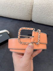 BELT 40MM IN CORAL CALFSKIN WITH INTERWOVEN CHAIN BUCKLE ZIPPER IN TRIM SILVER HARDWARE