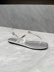 PRADA 26S THONG SANDALS IN SILVER CALFSKIN TRIANGLE LOGO