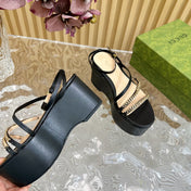 GG PLATFORM SANDAL BLACK CALFSKIN WITH CHAINS