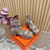 HM 25S CLASSIC WEDGE SANDALS 70 MM IN TAUPE BEIGE LAMBSKIN WITH SILVER HARDWARE