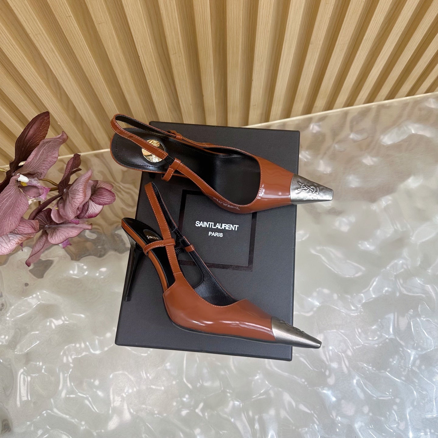 YSL 25S HIGH-HEEL SLINGBACKS 85 MM IN REDWOOD BROWN LAMBSKIN AND SILVER HARDWARE
